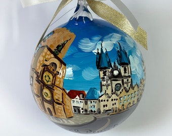 PRAGUE hand-painted ornament, Czech Republic. Personalized travel gift with cities of Europe and the world. Decorated glass ball.