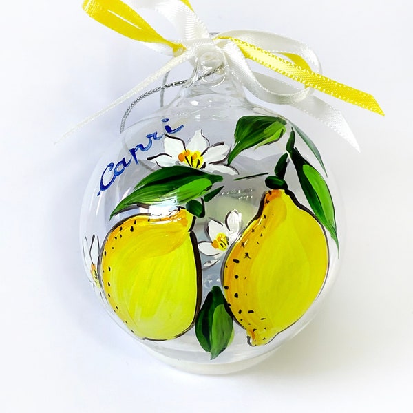 Italian favor ornament, personalized glass bauble with lemons and flowers. Little glass placeholder, gifts for guest, Italy themed ceremony