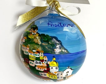 Personalisierte Positano-Weihnachtskugel, handbemaltes Ornament der Amalfiküste, Italien-Reisesouvenir, Hochzeitsgeschenk, hergestellt in Italien