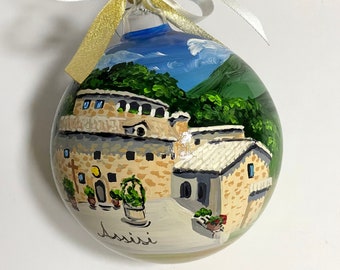 Assisi personalized ornament, cities or monuments on request, family name, written travel date. Christmas decoration gift made in Italy.