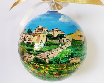 Tuscany custom ornament with castle hills and vineyards. Hand painted glass sphere, souvenir of travel or wedding in Italy.