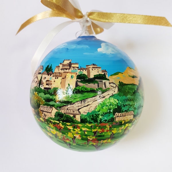 Tuscany custom ornament with castle hills and vineyards. Hand painted glass sphere, souvenir of travel or wedding in Italy.