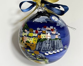 Cinque Terre Italian ornament by night. Hand painted glass ball with Manarola in the Moonlight. Suggestive travel souvenir, lovely gift idea