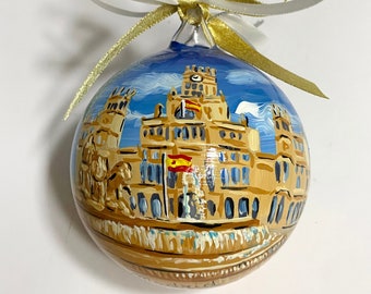 MADRID ornament, personalized Spain countries. Hand painted square on Christmas glass ball, ideal gift for holiday, your travel souvenir.