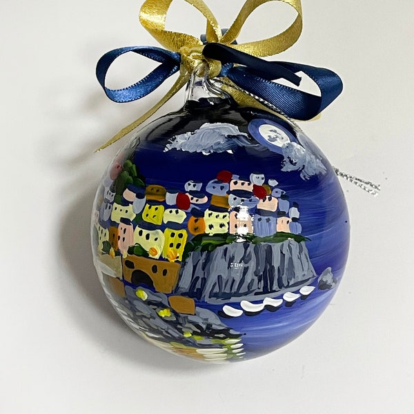 Cinque Terre Italian ornament by night. Hand painted glass ball with Manarola in the Moonlight. Suggestive travel souvenir, lovely gift idea