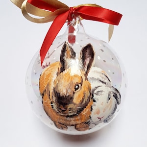 Christmas ball with two rabbits portrayed from photography, hand painted glass sphere. Sentimental keepsake of your pets. Gift for pet lover