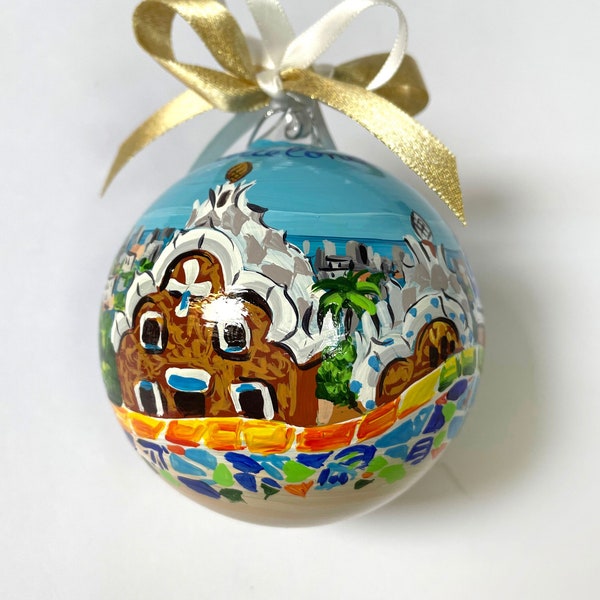 Park Guell Barcelona ornament. Personalized Spanish souvenir for travel lovers. Honeymoon or wedding anniversary. Christmas giveaway.