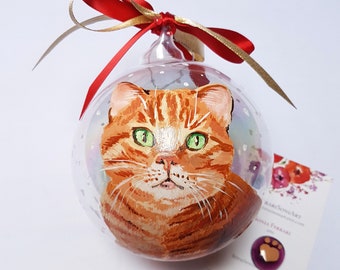 Red cat portrait on ornament. Your hand painted orange kitty copy from photos. Animal lovers gift, sweet personalized pet memorial.