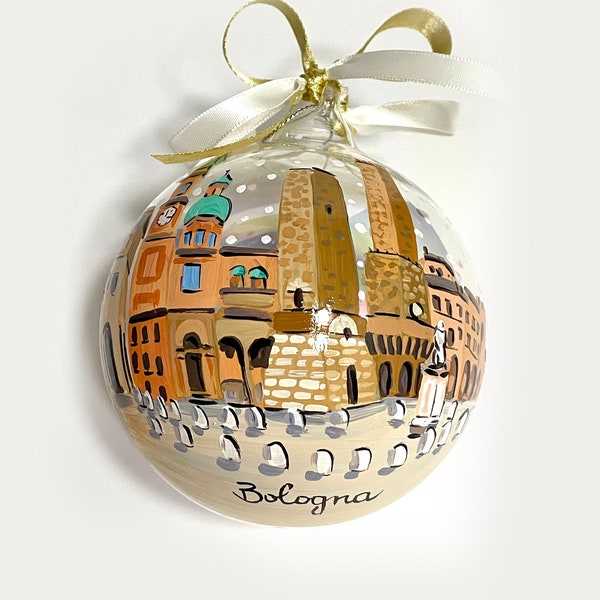 Bologna ornament, customized Italian cities, Christmas hand painted balls, tourist travel souvenir from Italy. Ideal gift for traveler.
