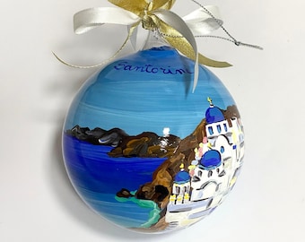 Santorini Greece ornament, fantastic holiday souvenirs. Hand painted Christmas ball for your collection or to give as a present.