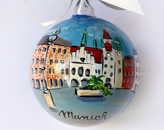 Munich Germany ornament,hand painted Christmas ball. Glass bauble with European cities, unique pieces collection, original travel souvenir.