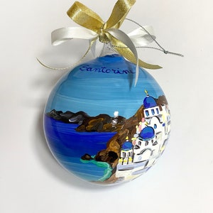 Santorini Greece ornament, fantastic holiday souvenirs. Hand painted Christmas ball for your collection or to give as a present.