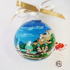 Personalized Salisburgo ornament. Cities from around the world. Hand painted ball for your collection, travel companion gift.