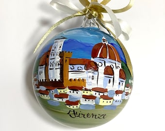 Florence ornament, souvenir from Italy. Hand painted Christmas ball with Italian monument and personalized dedication. Original travel gift.