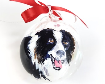 Portrait of dog on Christmas ball. Pet lovers gift, dogs owners, cats, hamsters, parrots, birds, ferrets. Animal memorial glass ball.