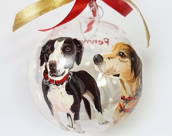 Two dogs portrayed on a glass sphere, hand-painted copy from photograph. Ornament gift idea for dog lovers, pets memorial items.