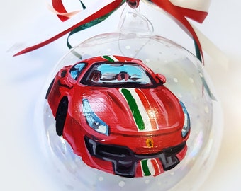 Car ornament, your favorite vehicle, your new car on a hand-decorated Christmas bauble. Automotive enthusiast gift.