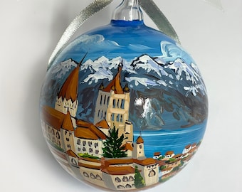 Lausanne Christmas ornament hand painted on glass, souvenir of Switzerland, world cities collection for travelers. Personalized giveaway