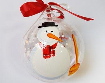 Personalized ball with child's name and snowman. Hand painted sphere, original Christmas gift with winter image of your choice. Frosty decor