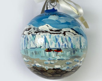 Argentina ornament, Perito Moreno glacier. Hand-painted Christmas ball, gift for travelers around the world, adventurous holidays.