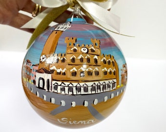 Siena ornament. Customizable Tuscany souvenir hand painted on glass. Italian ornaments collection, travel theme Christmas tree gift idea.