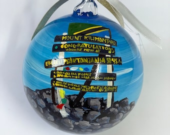 Kilimanjaro custom ornament. Glass ball decorated by photography. Gift for travellers, Africa adventure travel keepsake