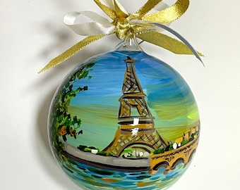 Personalized Paris Ornament, Hand Painted Glass Christmas Ornament, France Travel Keepsake, Custom Wedding, Anniversary Gift, Made in Italy