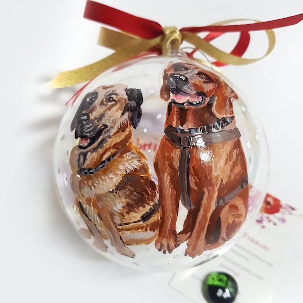Two dog ornament, personalized hand painted bauble. Ball to remember your dogs. Their first Christmas dog, puppy. Family gift for pet lovers