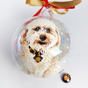 Your dog hand painted from photo on a glass ornament. Pet portrait with name or dedication. Dog lovers gift. Friends with poodle good gift.