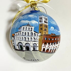 Lucca Italy Custom city ornament on Christmas baubles. Italian ornament completely hand painted and customizable with name or dedication.