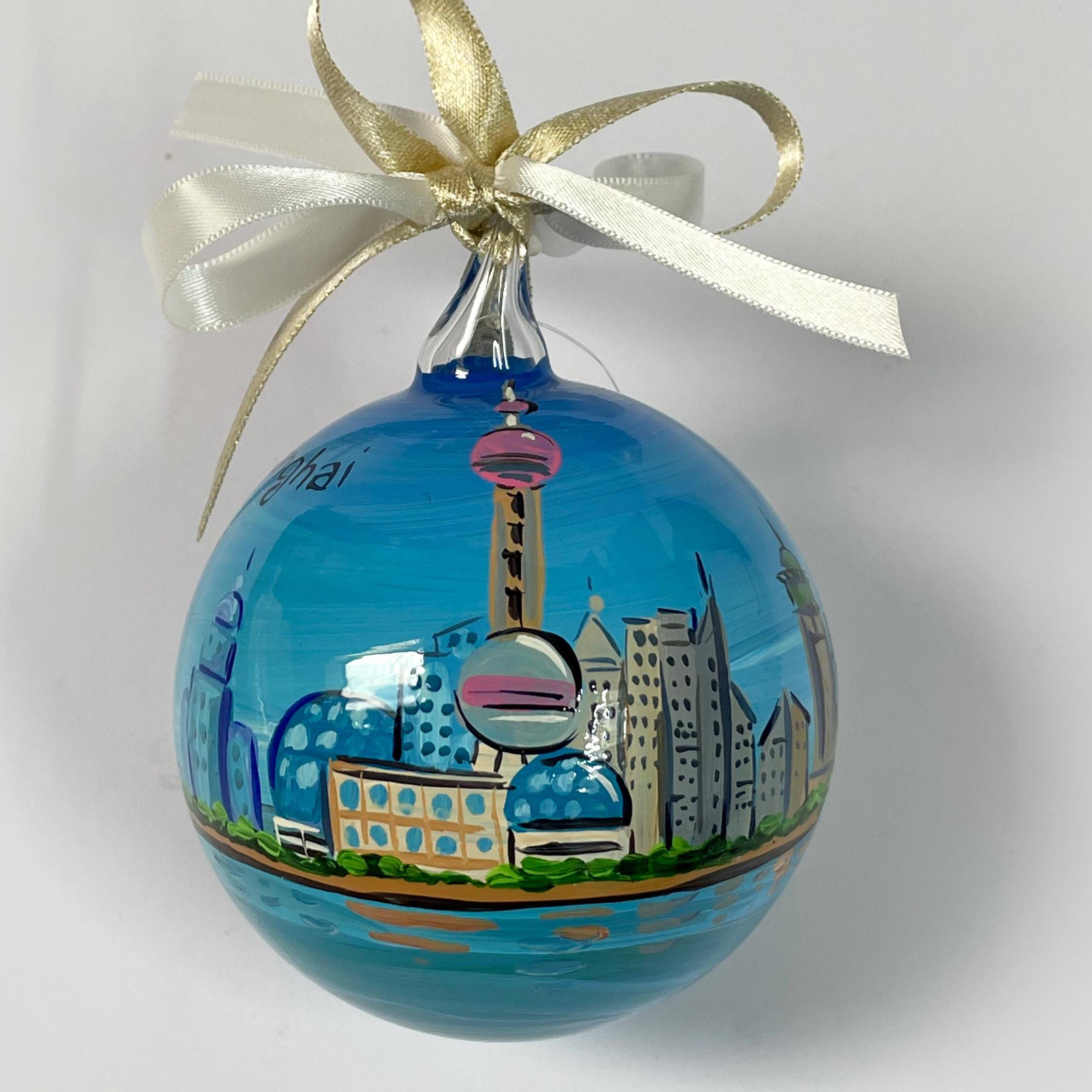 SHANGHAI ornament, hand-painted glass bubble. Gift for collectors of original Christmas balls, city collection, art souvenirs.