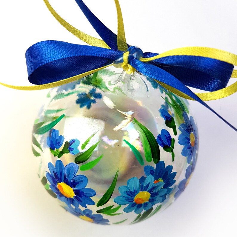 Hand Painted Blue Christmas Floral Ornament Glass Ball With Etsy