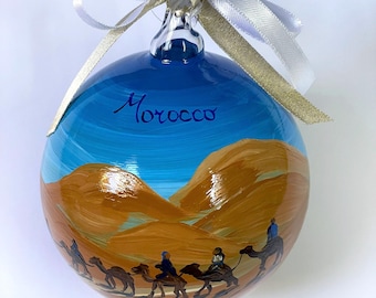 Morocco Christmas ornament, desert with camels and tent, souvenir adventure trip, Marrakech Sahara desert, magnificent oasis tour.