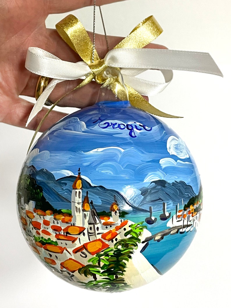 Croatia souvenir, Trogir hand painted ornament, unique original gift for travelers andcruise sea lovers. Personalized Christmas baubles. 10 cm