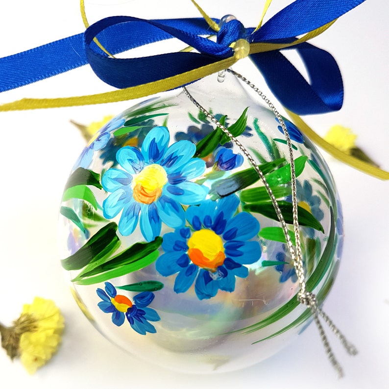 Hand Painted Blue Christmas Floral Ornament Glass Ball With Etsy