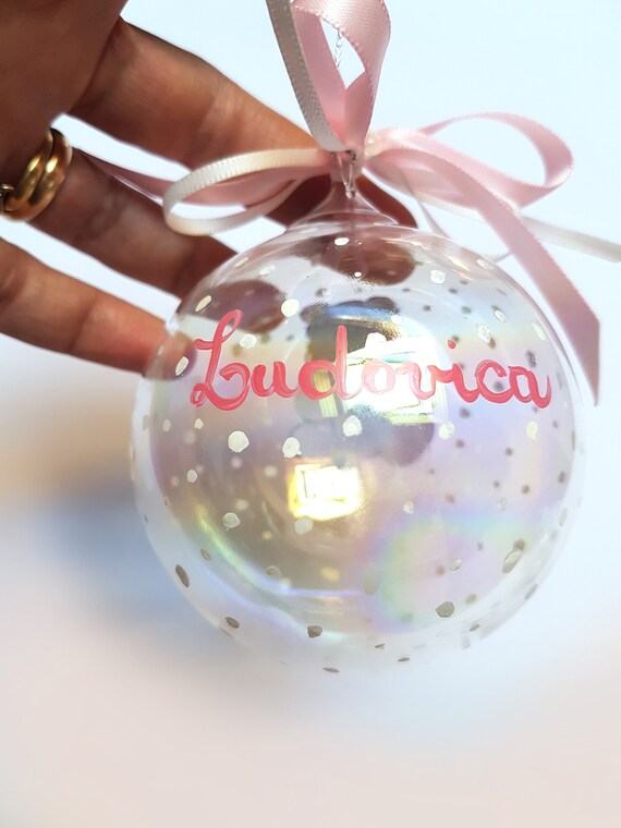 First Christmas Gift Custom Ball With Name And Teddy Bear New Mom Article Hand Painted Available Pink Light Blue And Red