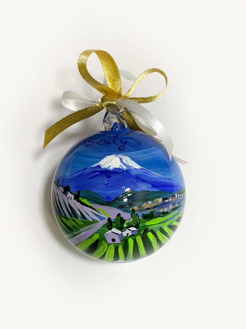 SICILY Christmas ornament with landscape and city name of your choice, vineyards and ETNA. Gift for Italy lovers and for good travel friends 