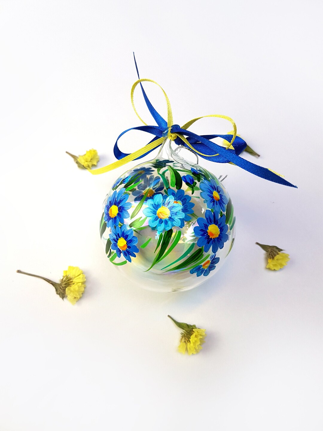 Hand Painted Blue Christmas Floral Ornament Glass Ball With Etsy