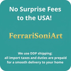K&ouml;nnte beinhalten: Ein quadratisches, blaugr&uuml;nes Grafikdesign mit abgerundeten Ecken, das den wei&szlig;en Text No Surprise Fees to the USA! und den goldenen Schriftzug FerrariSoniArt enth&auml;lt, gefolgt von wei&szlig;em Text: We use DDP shipping: all import taxes and duties are prepaid.