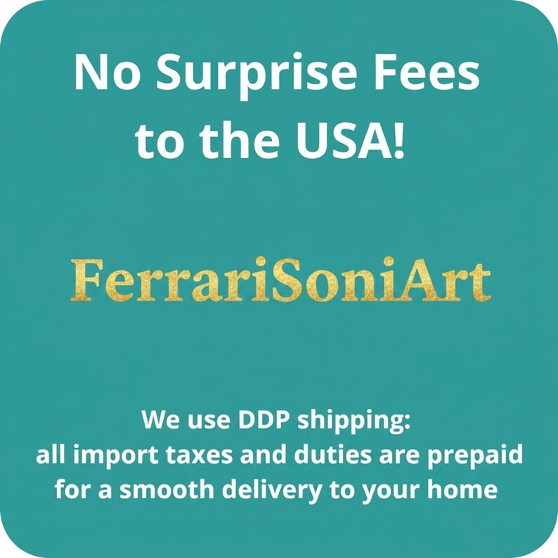 K&ouml;nnte beinhalten: Ein quadratisches, blaugr&uuml;nes Grafikdesign mit abgerundeten Ecken, das den wei&szlig;en Text No Surprise Fees to the USA! und den goldenen Schriftzug FerrariSoniArt enth&auml;lt, gefolgt von wei&szlig;em Text: We use DDP shipping: all import taxes and duties are prepaid.