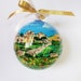 Tuscany custom ornament with castle hills and vineyards. Hand painted glass sphere, souvenir of travel or wedding in Italy. 