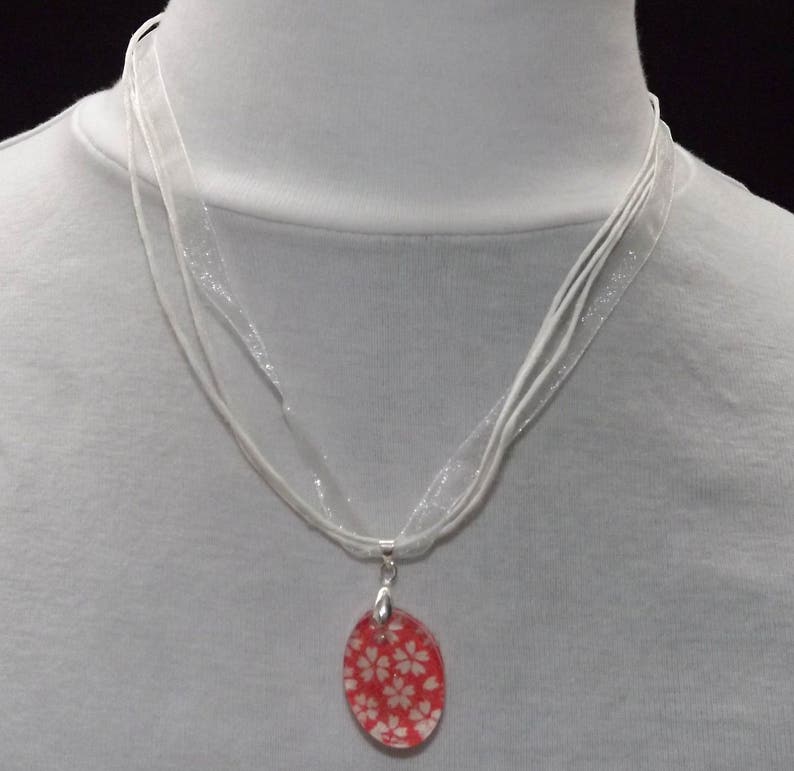 Red White Flower Resin pendant with origami paper