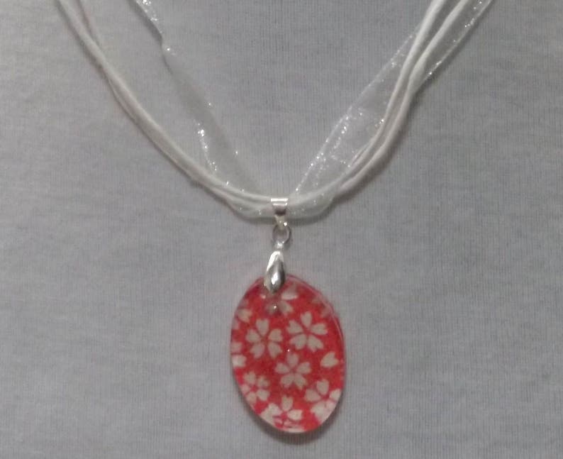 Red White Flower Resin pendant with origami paper