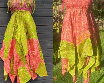 Freya Fairy Dress, Skirt or Top Adult Pink Green Fairy Dress - Repurposed Sari - Smocked Elasticated Panel - Adjustable shoulder straps