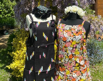 Chloe Mini Pini Dungaree Dress Shorter Pinafore - Retro Floral - Black - Summer- Boho - Festival