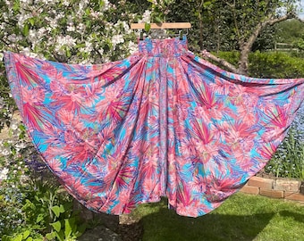 Paisley Tropical Print Palazzo Pants: Vegan Sari Silk Wide Leg Trousers