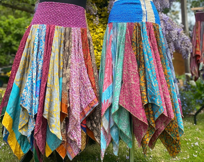 Featured listing image: Suki Midi Scrap Skirt - Vintage Sari Patchwork Handkerchief Hem - 2 Sizes  - Deep Shirred Elasticated Waistband - Cottagecore Fae Renfair