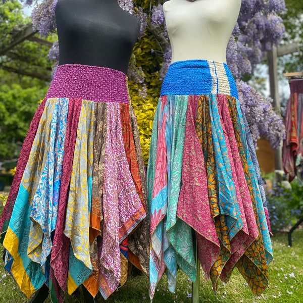 Suki Midi Scrap Skirt - Vintage Sari Patchwork Handkerchief Hem - 2 Sizes  - Deep Shirred Elasticated Waistband - Cottagecore Fae Renfair
