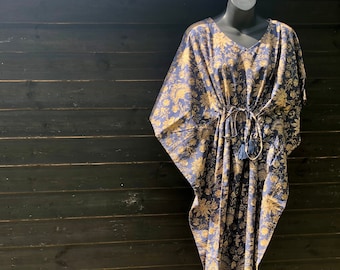 Beth - Kaftan Block Print Cotton, Cool and Comfortable, One Size. Perfect 3/4 Length Midi Cover-all. 100% Cotton Plus Size Dress