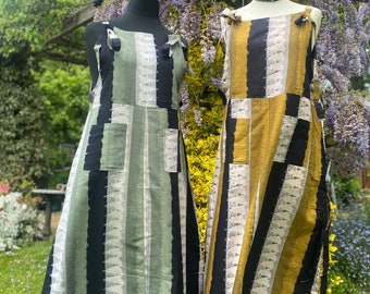 Sylvie - Maxi Pini - Longer Length Pinafore, Dungaree Dress - Striped Ikat Summer Maxi Dress - Green Gold Black Neutral 2 sizes